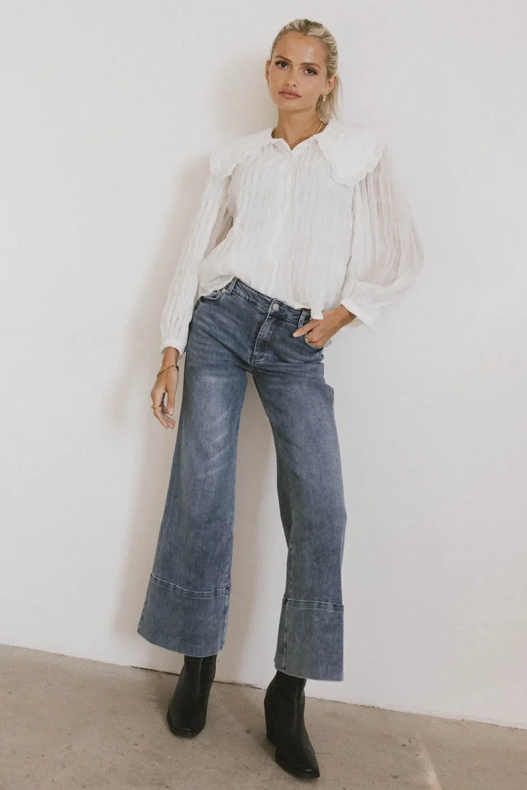 Wide leg denim in medium wash