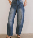 dark wash denim barrel jeans