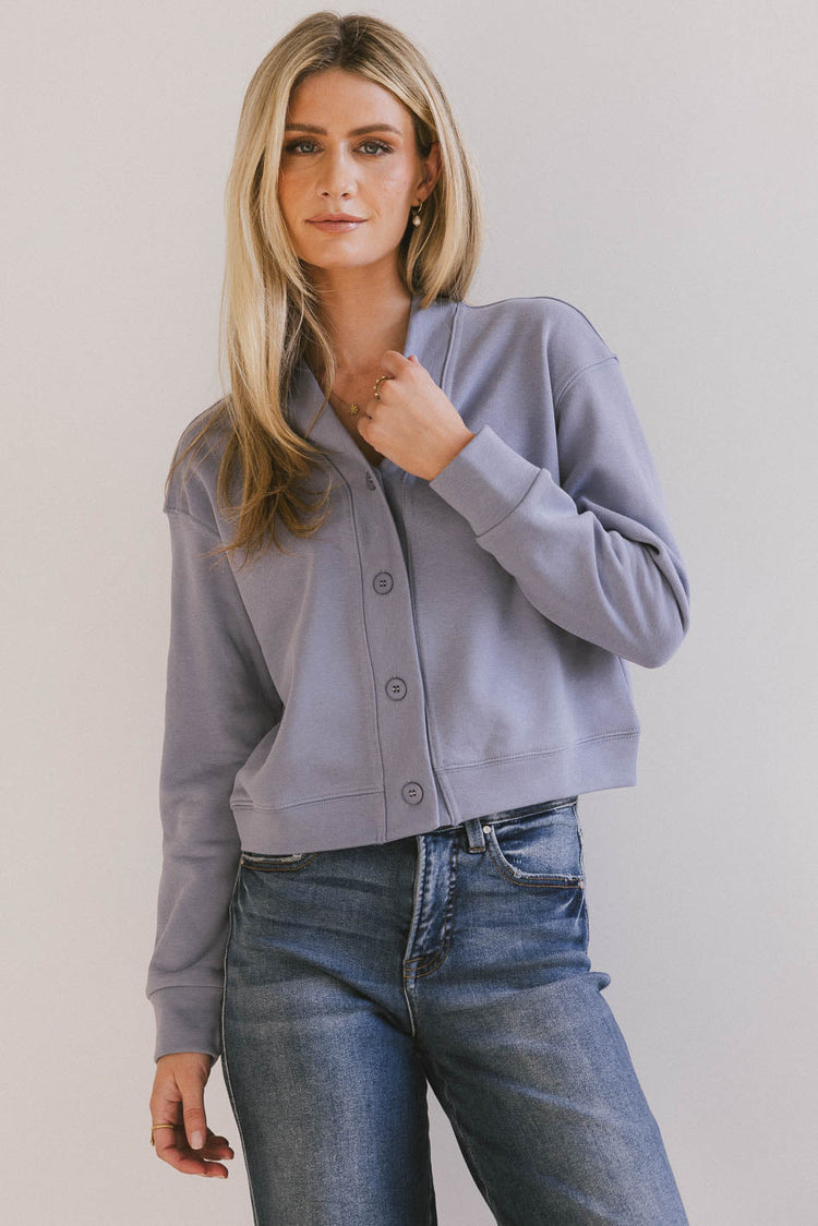 blue button front knit cardigan
