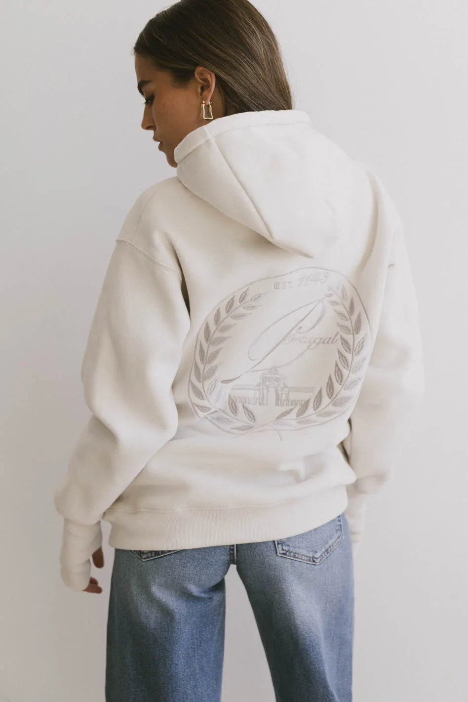 Embroidered back hoodie in taupe