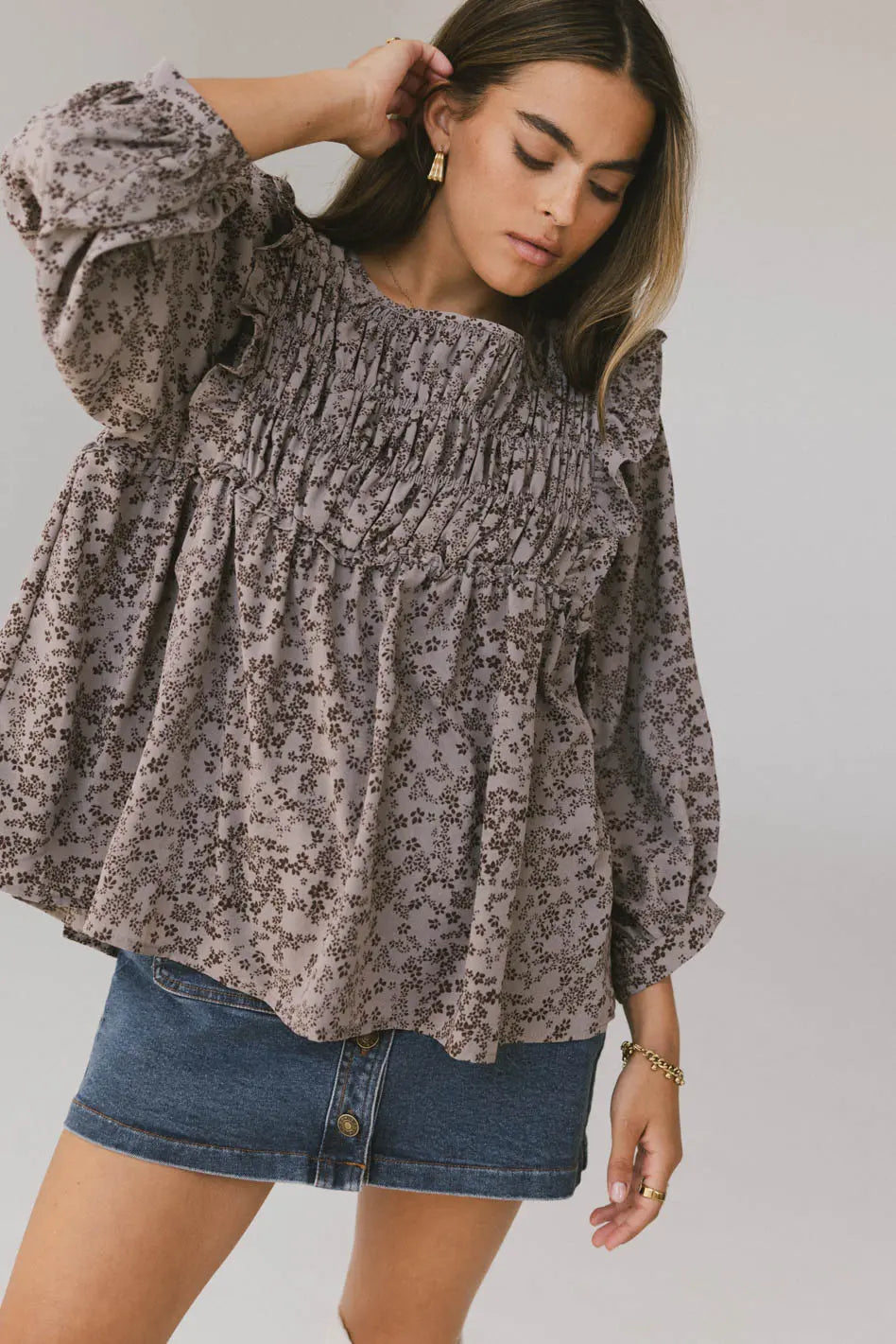 Taya Ditsy Floral Blouse in Grey - FINAL SALE