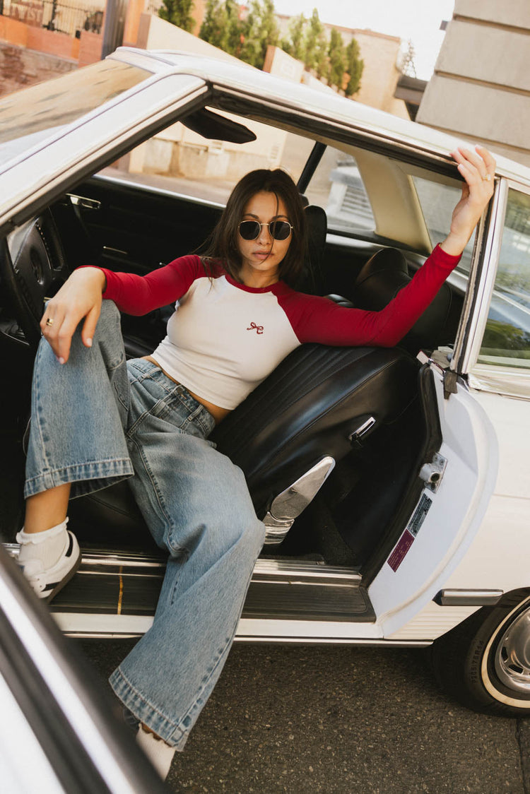 red raglan long sleeve with ribbon