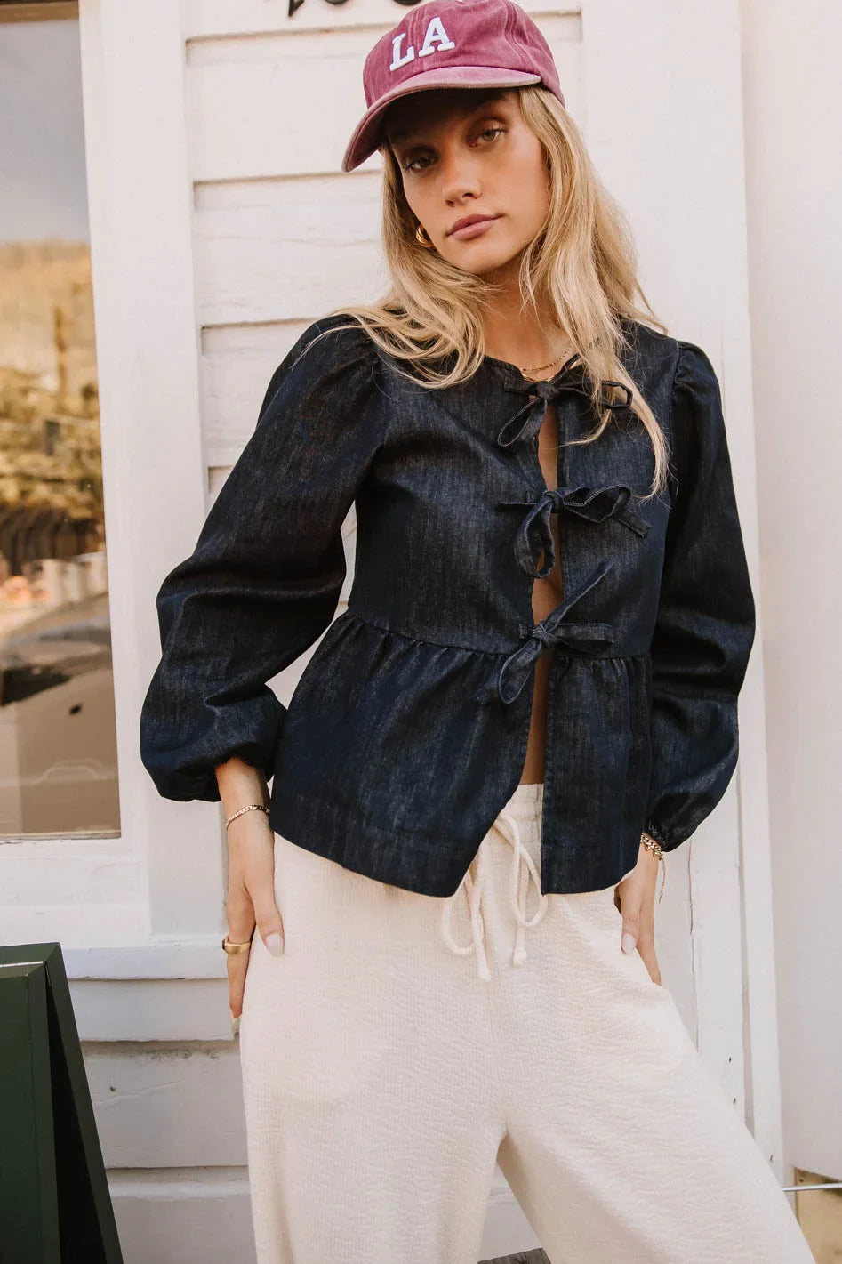 Three front ties denim top in dark wash