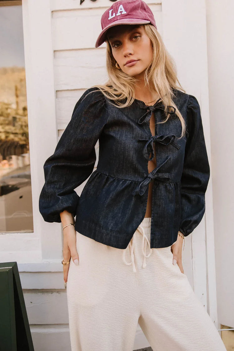 Three front ties denim top in dark wash