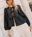 front tie blouse in dark denim wash