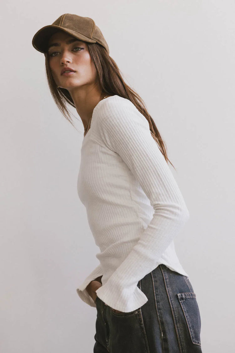 Long sleeves ribbed top in white