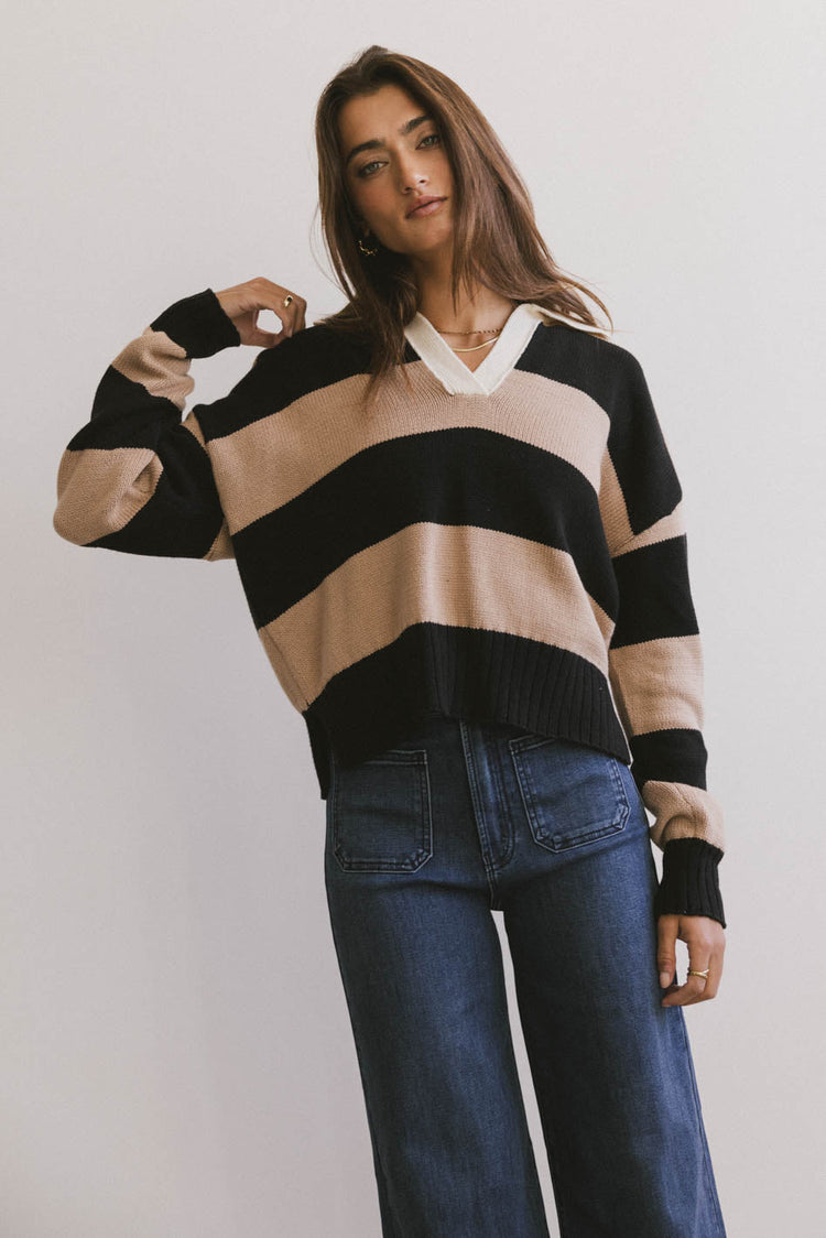 camel and black striped sweater