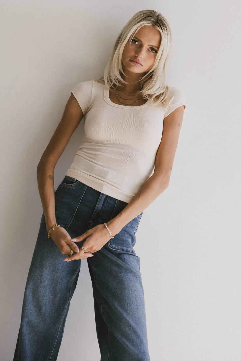 Knit basic top in ecru