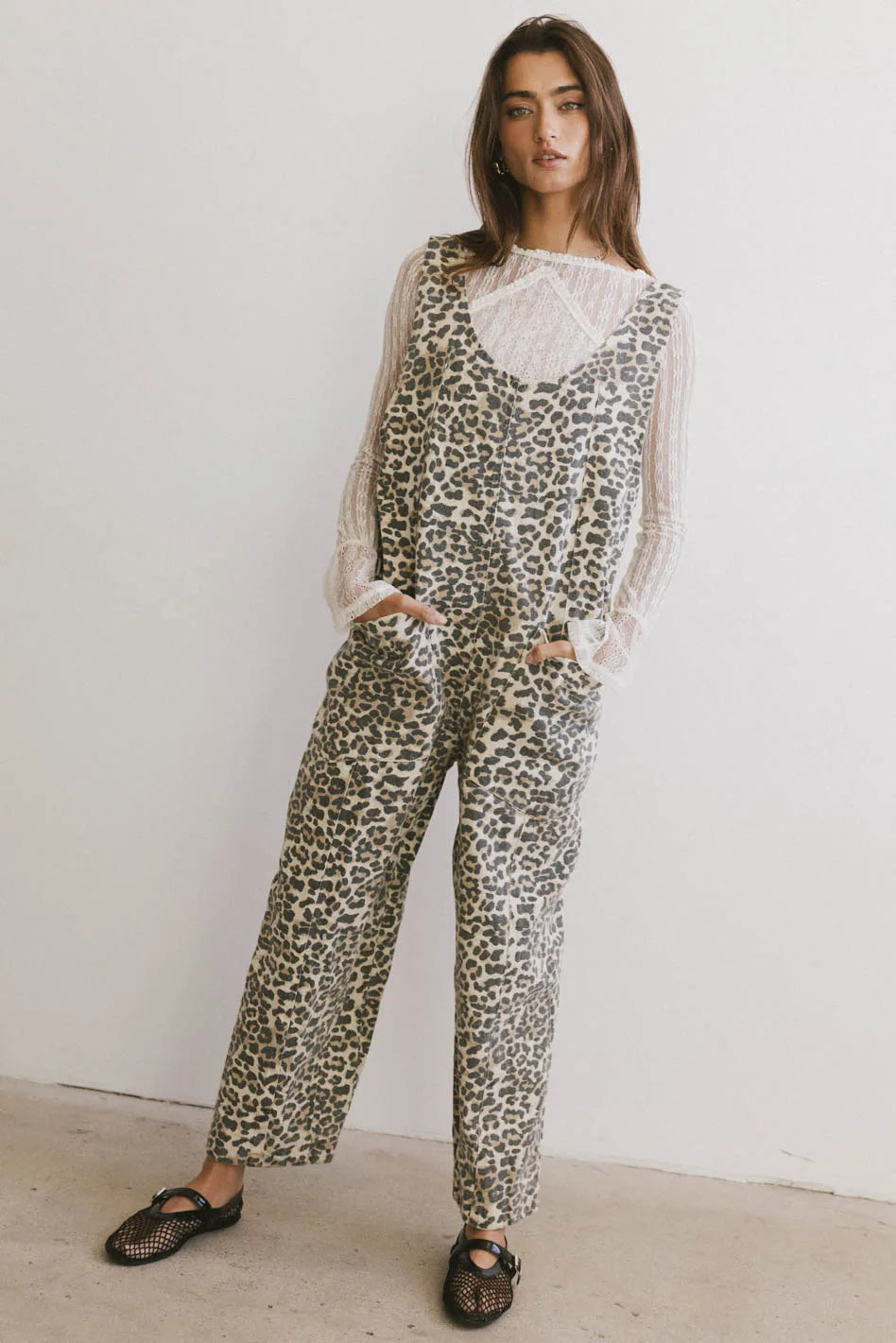Denim overall in leopard print