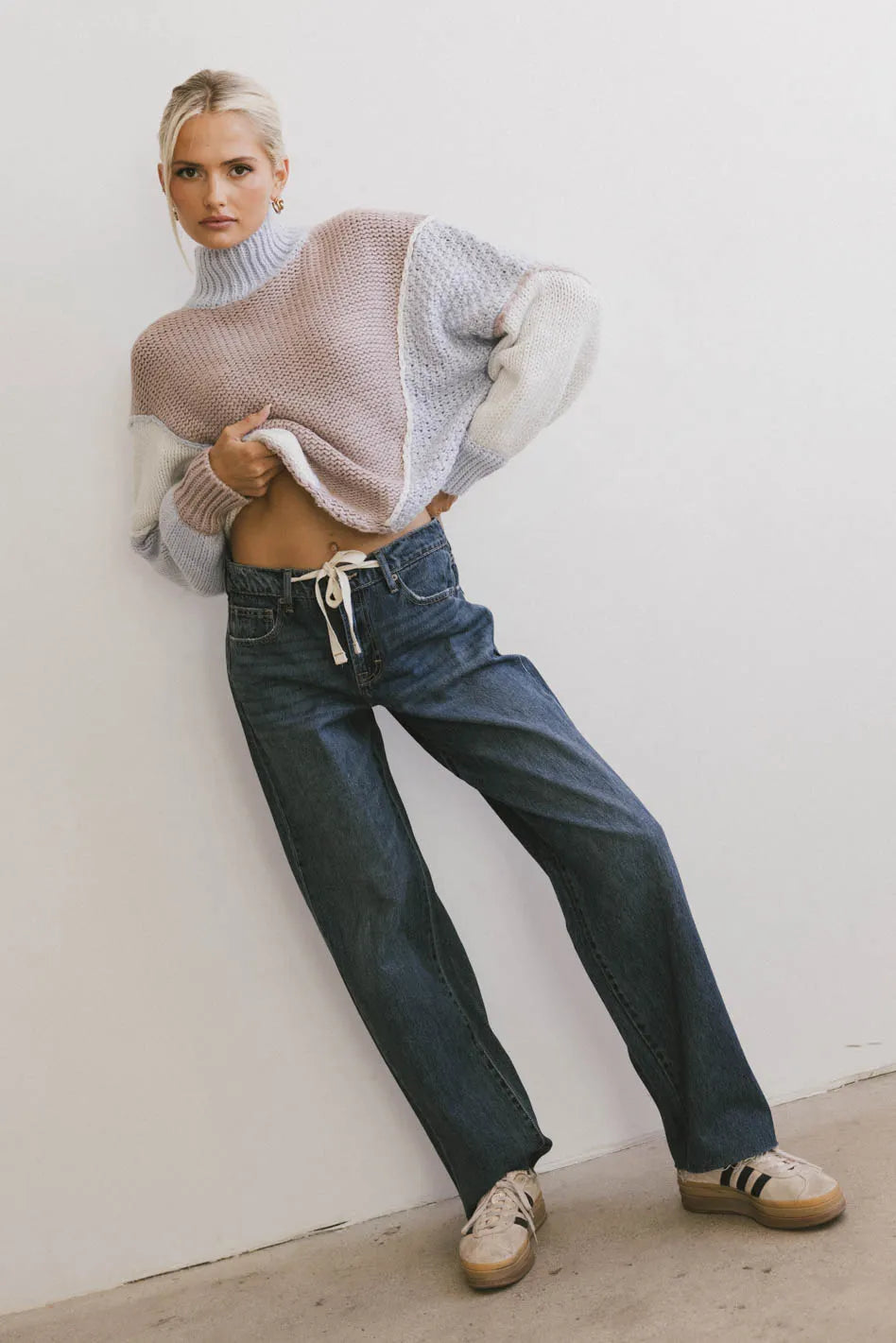 Adjustable strap pants in dark wash