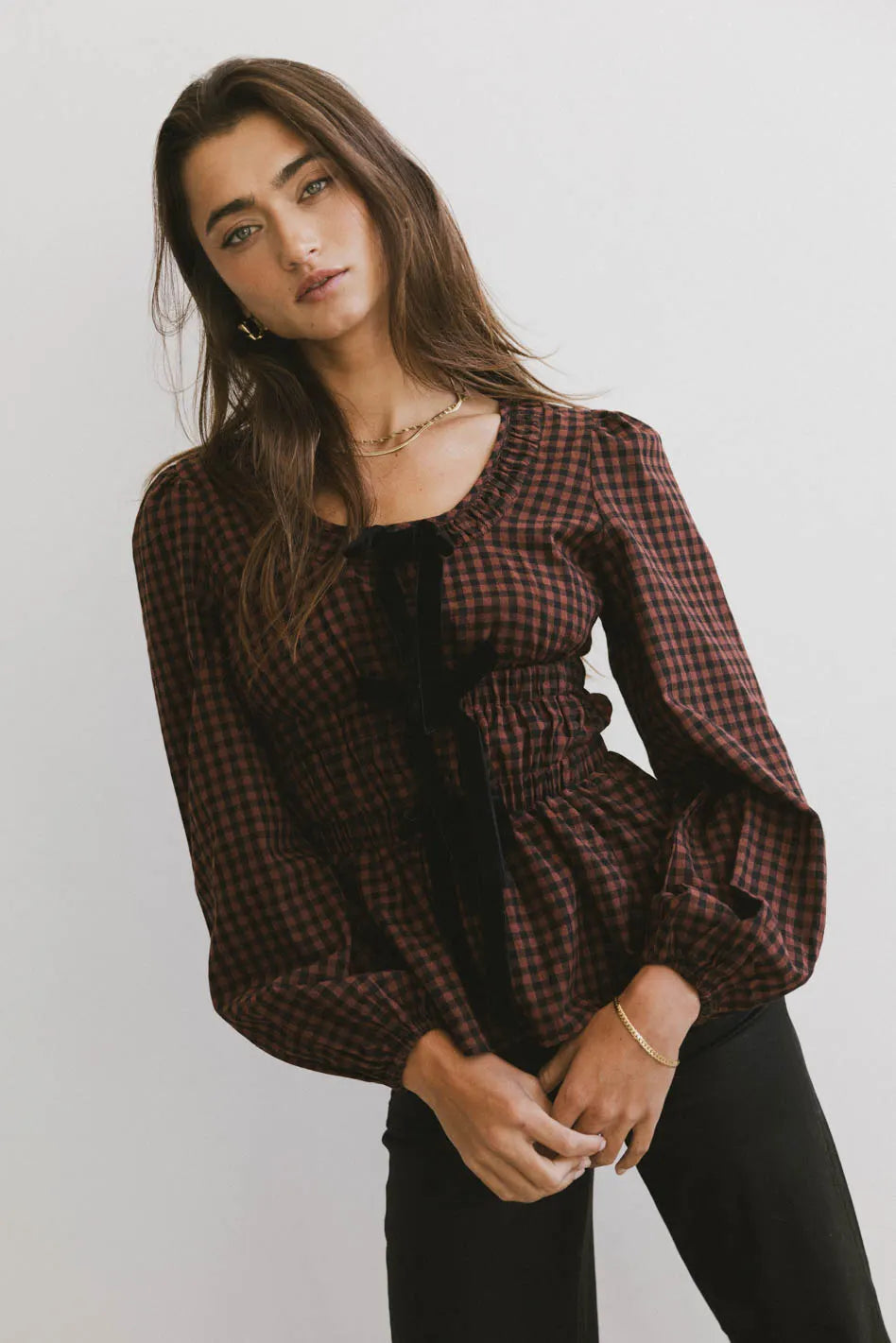 Gingham top in burgundy