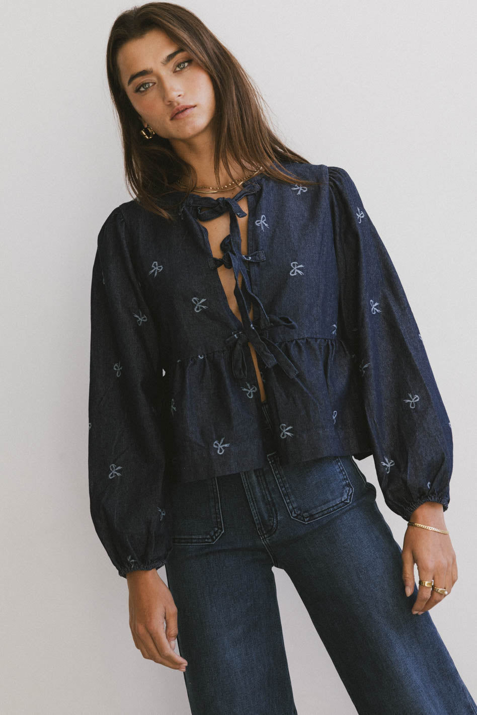 front bow blouse in dark denim