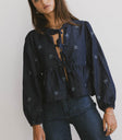 front bow blouse in dark denim