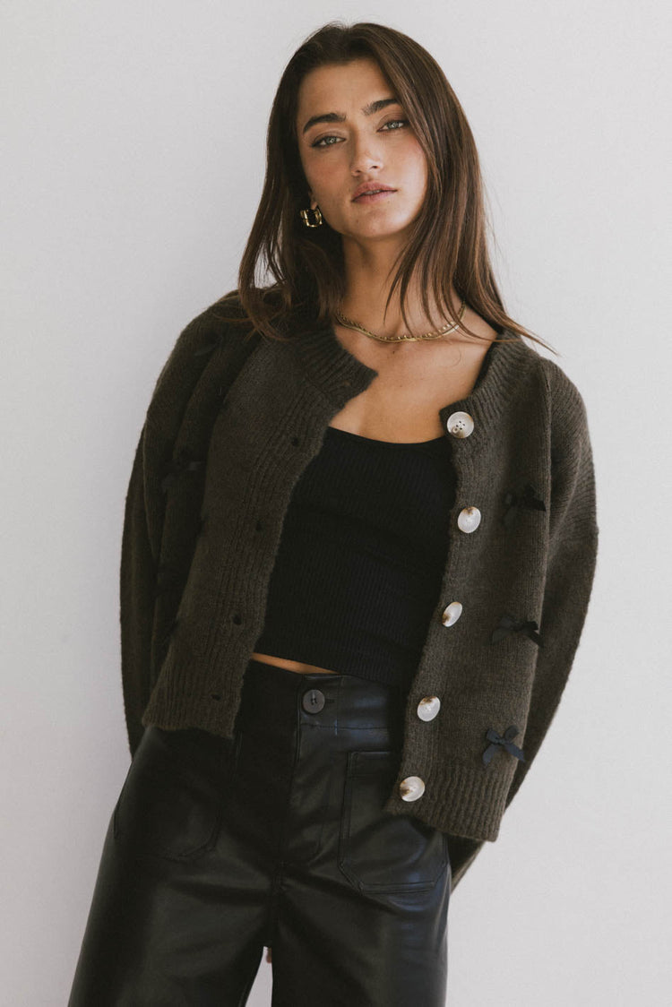 bow detail knit cardigan in green