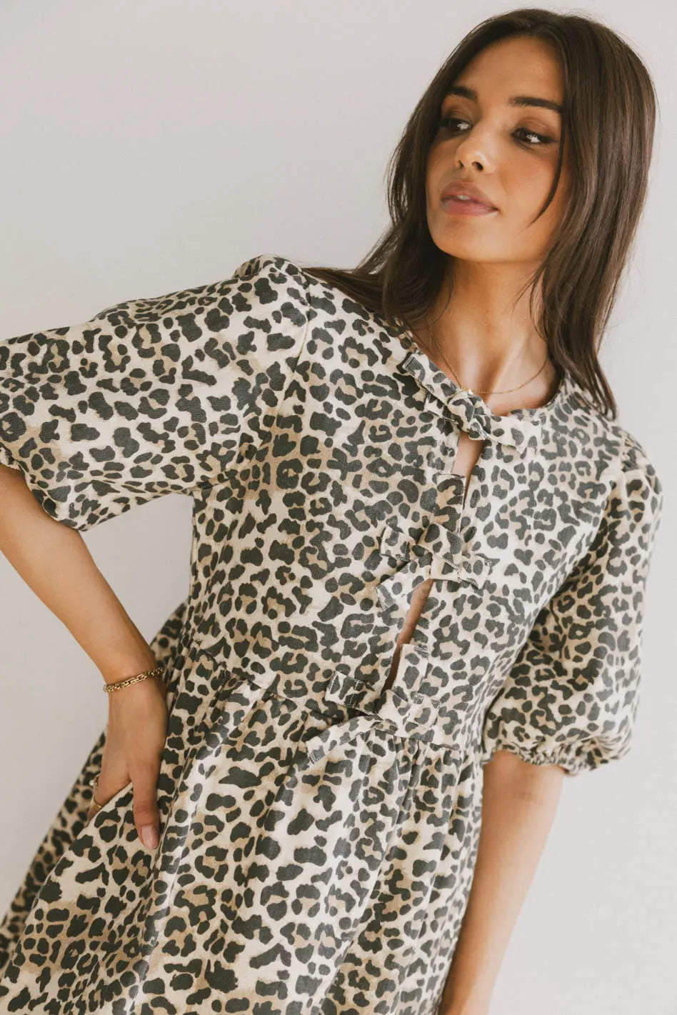 Three front bows dress in leopard print