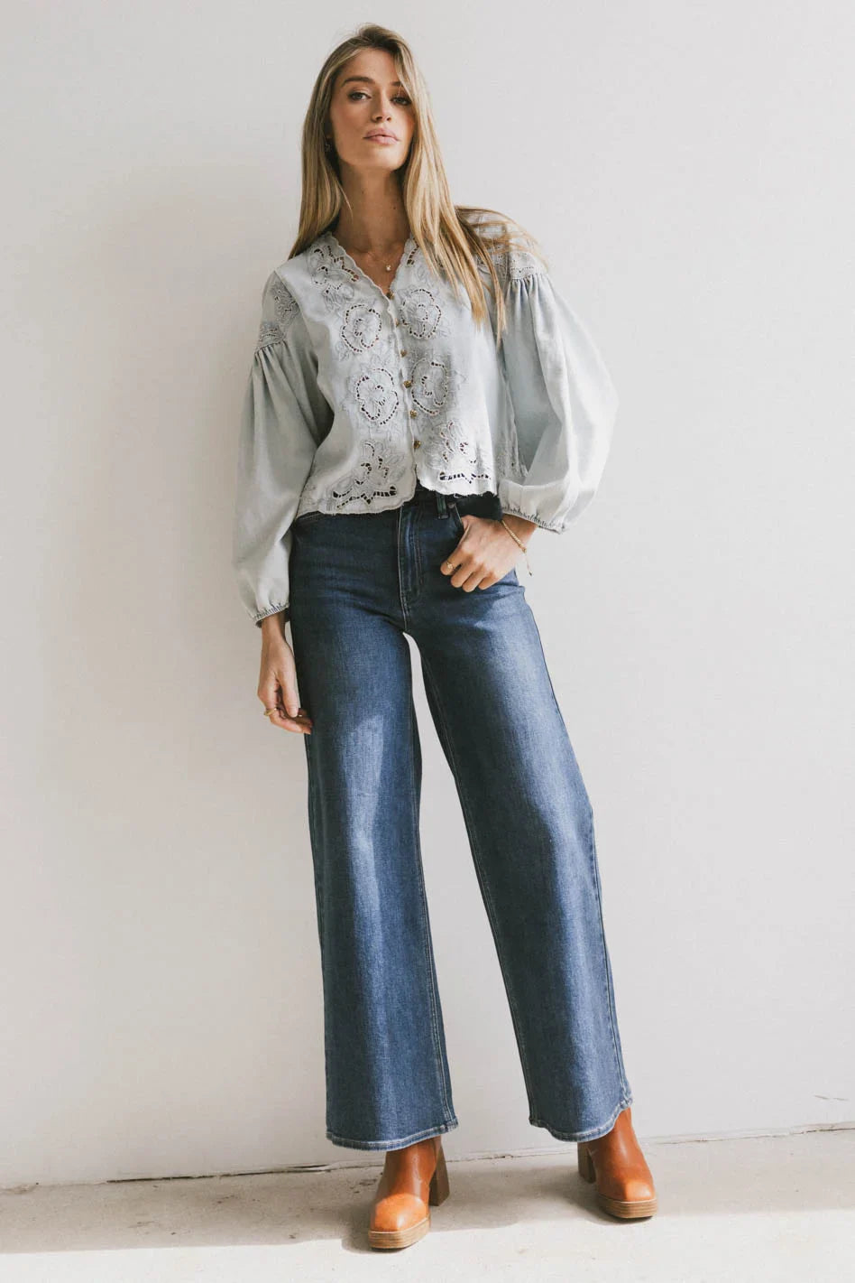 Denim top paired with a dark denim jeans