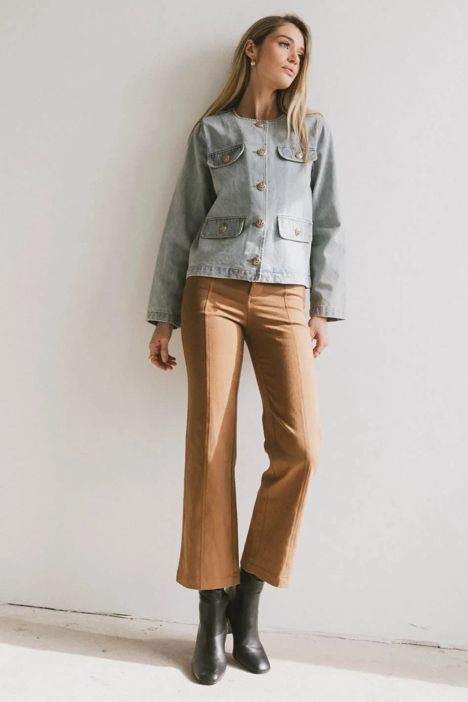 Button up denim jacket in light wash