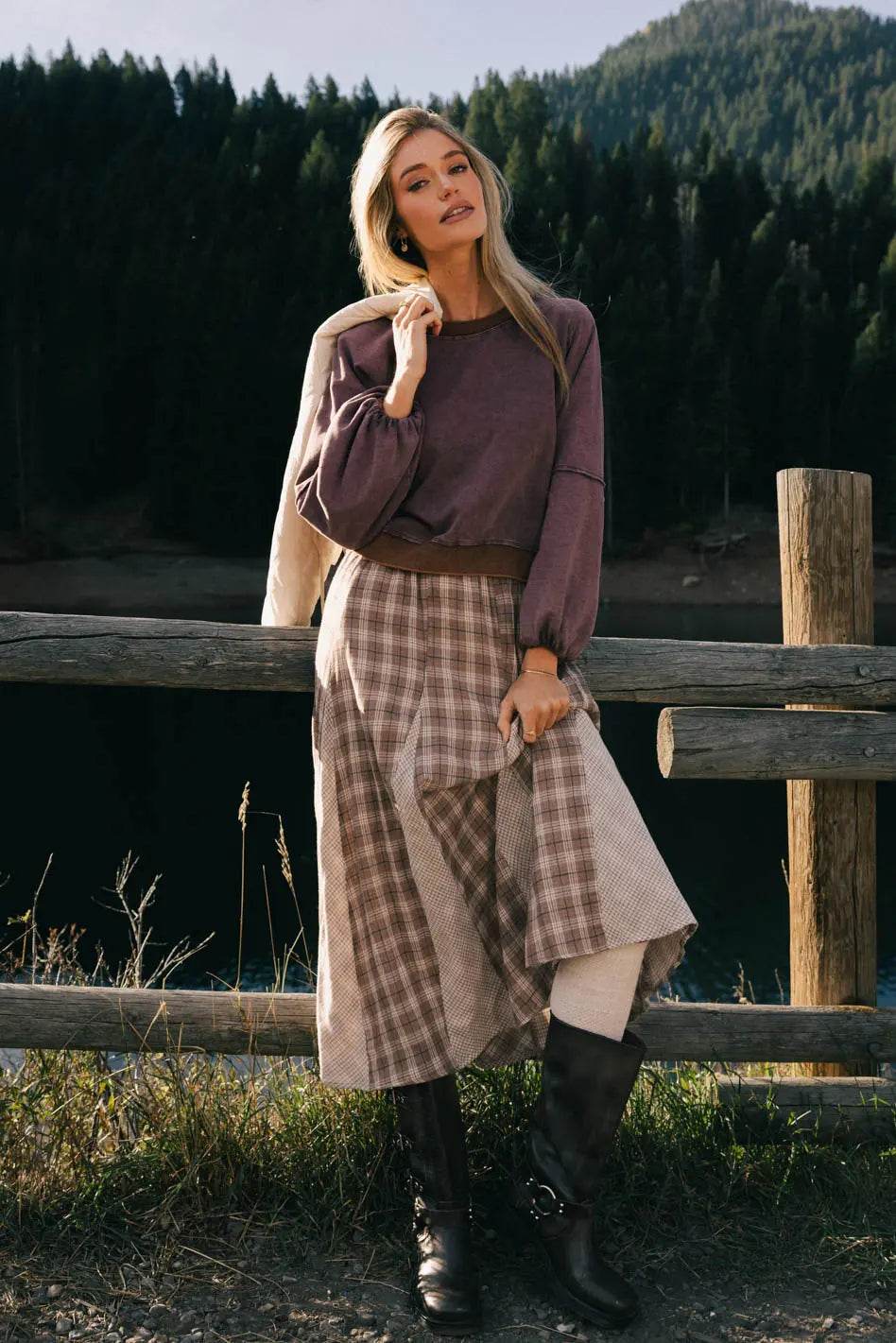 Plaid maxi skirt in mauve