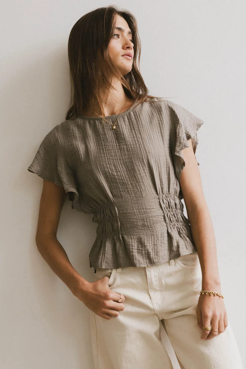 Elastic waist top in olive