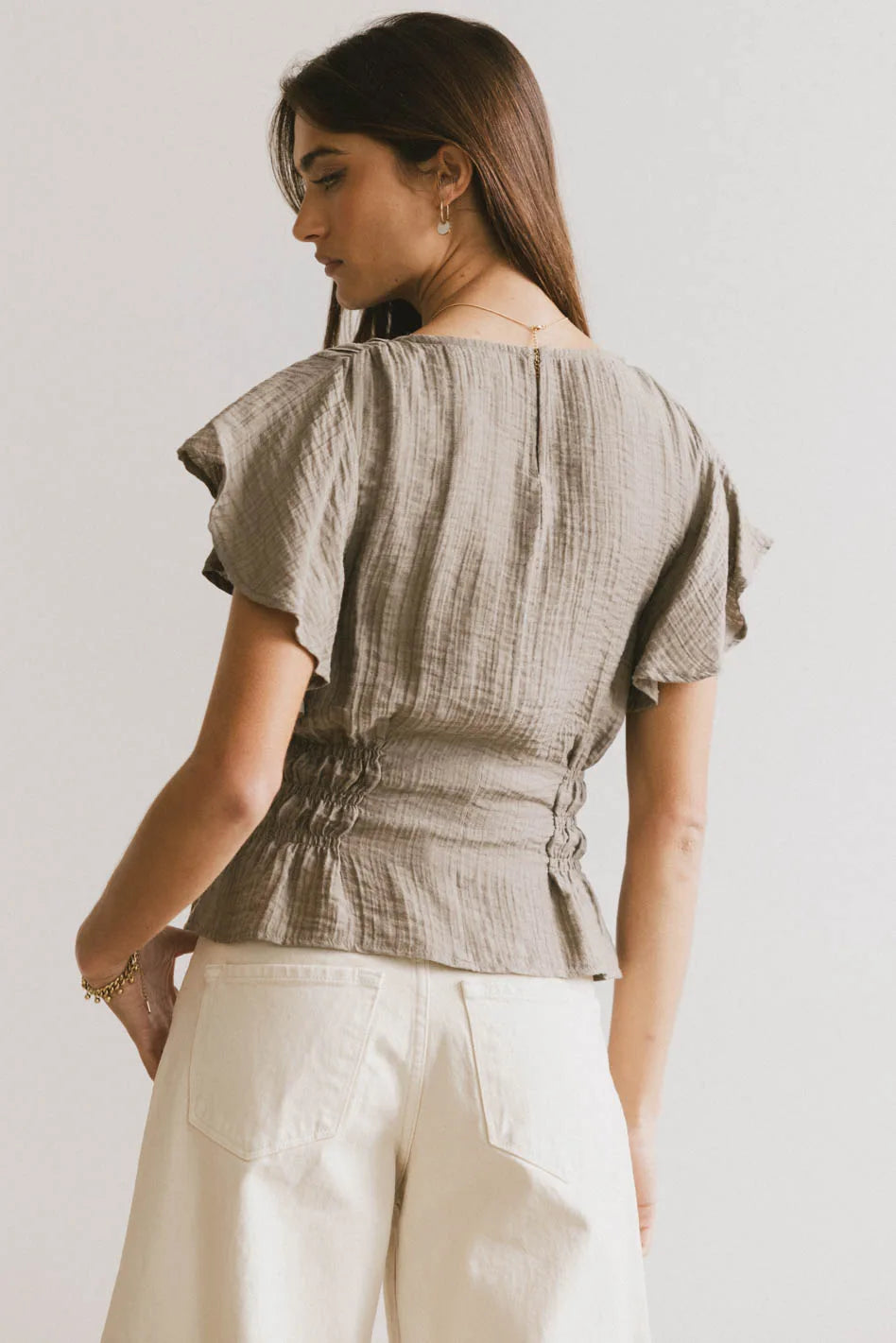 Ruffled sleeves top in olive