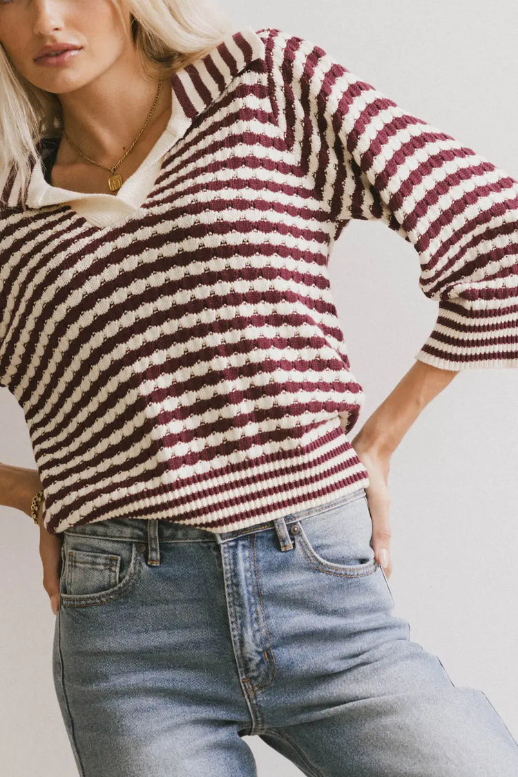 Knit striped top in burgundy