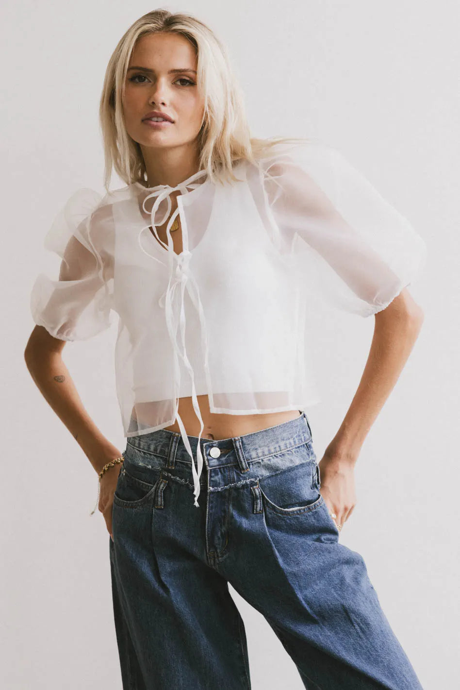 Zuri Sheer Tie Blouse in White - FINAL SALE