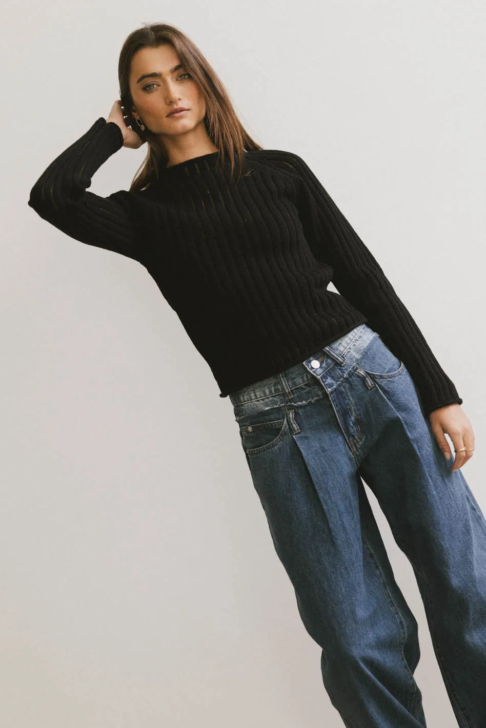 Knit striped top in black