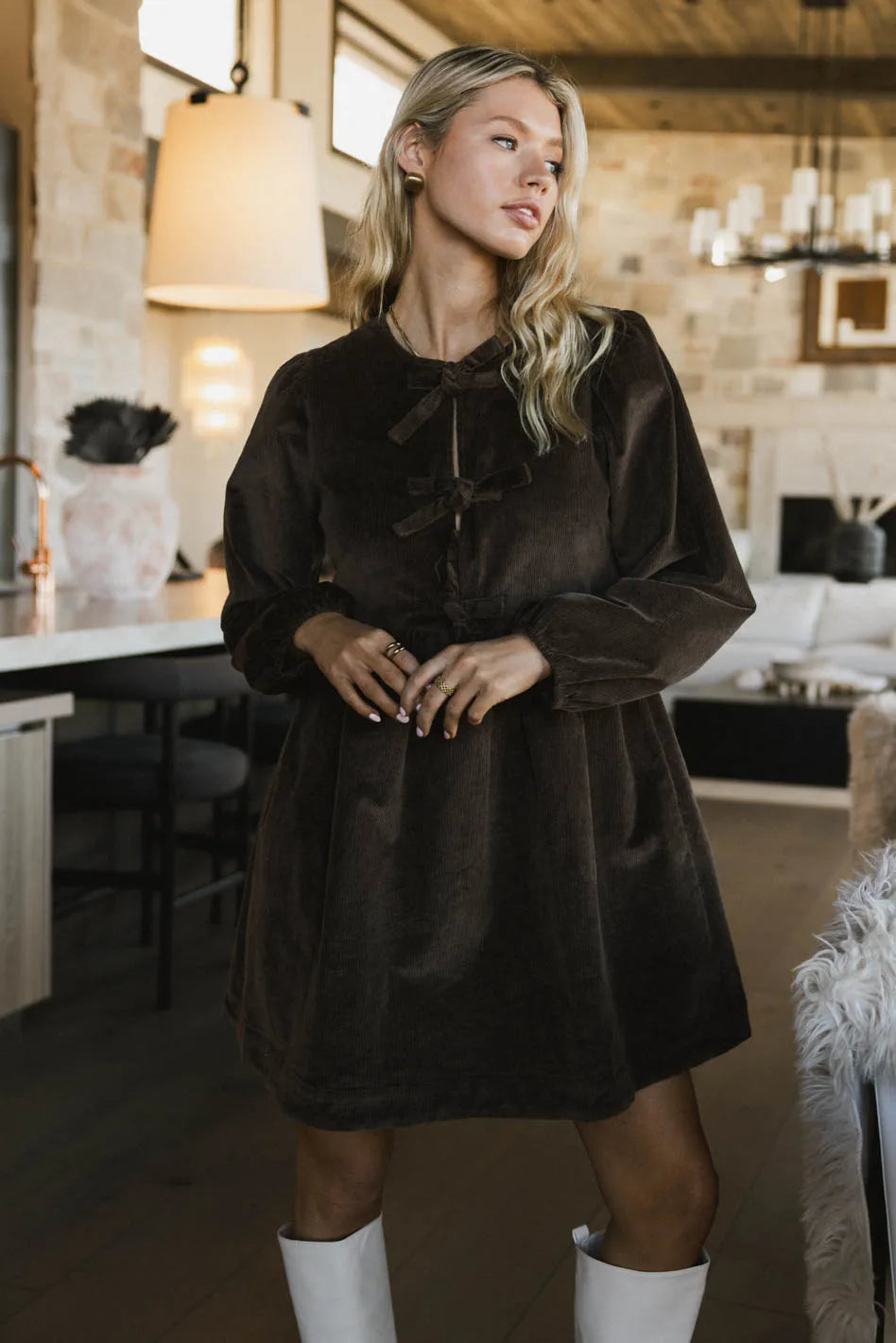 Tyler Peplum Mini Dress in Brown Corduroy - FINAL SALE