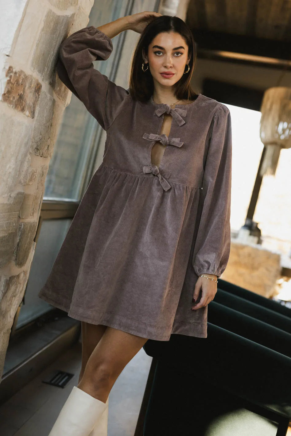 Long sleeves mini dress in mauve