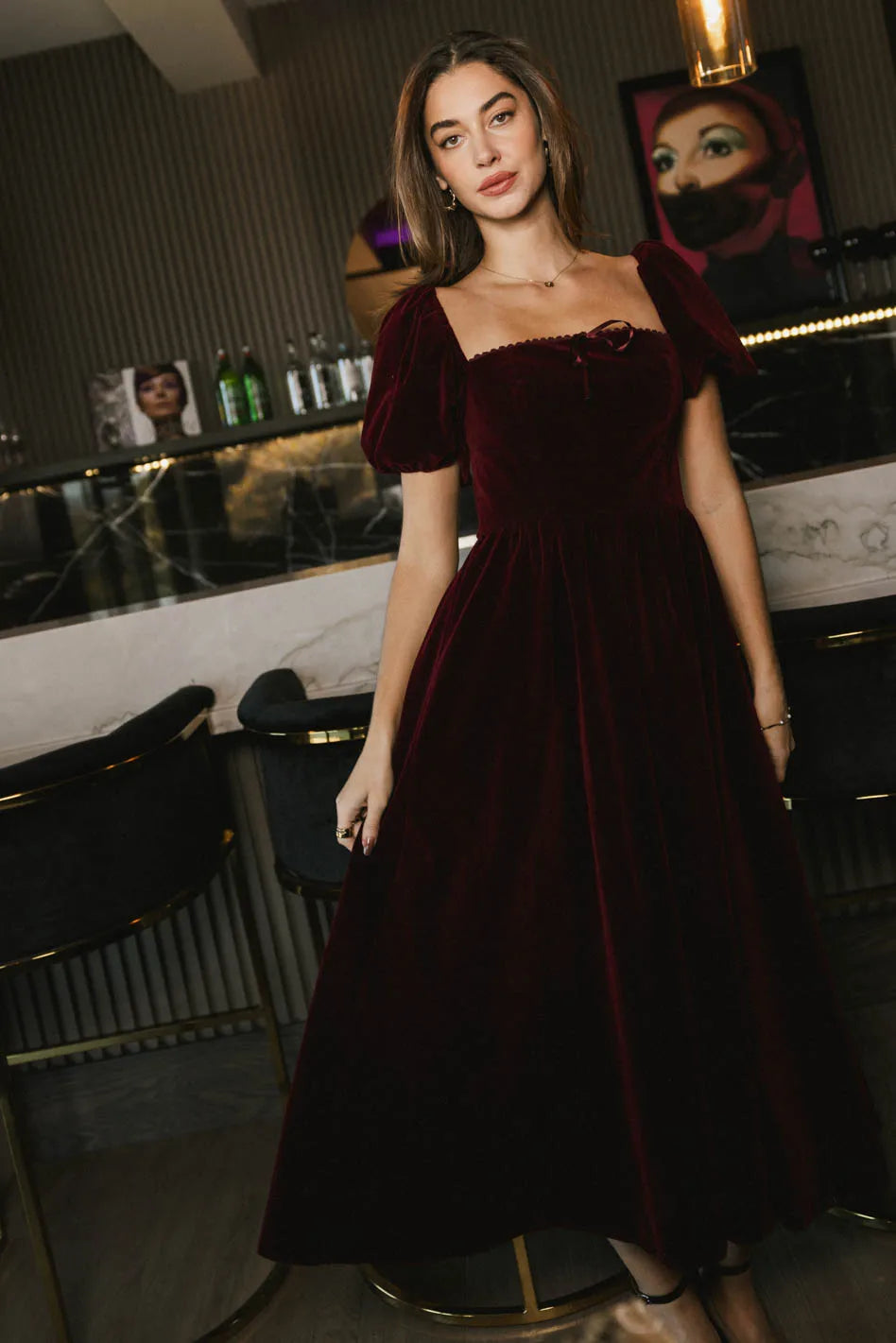 Square neck dress in burgundy