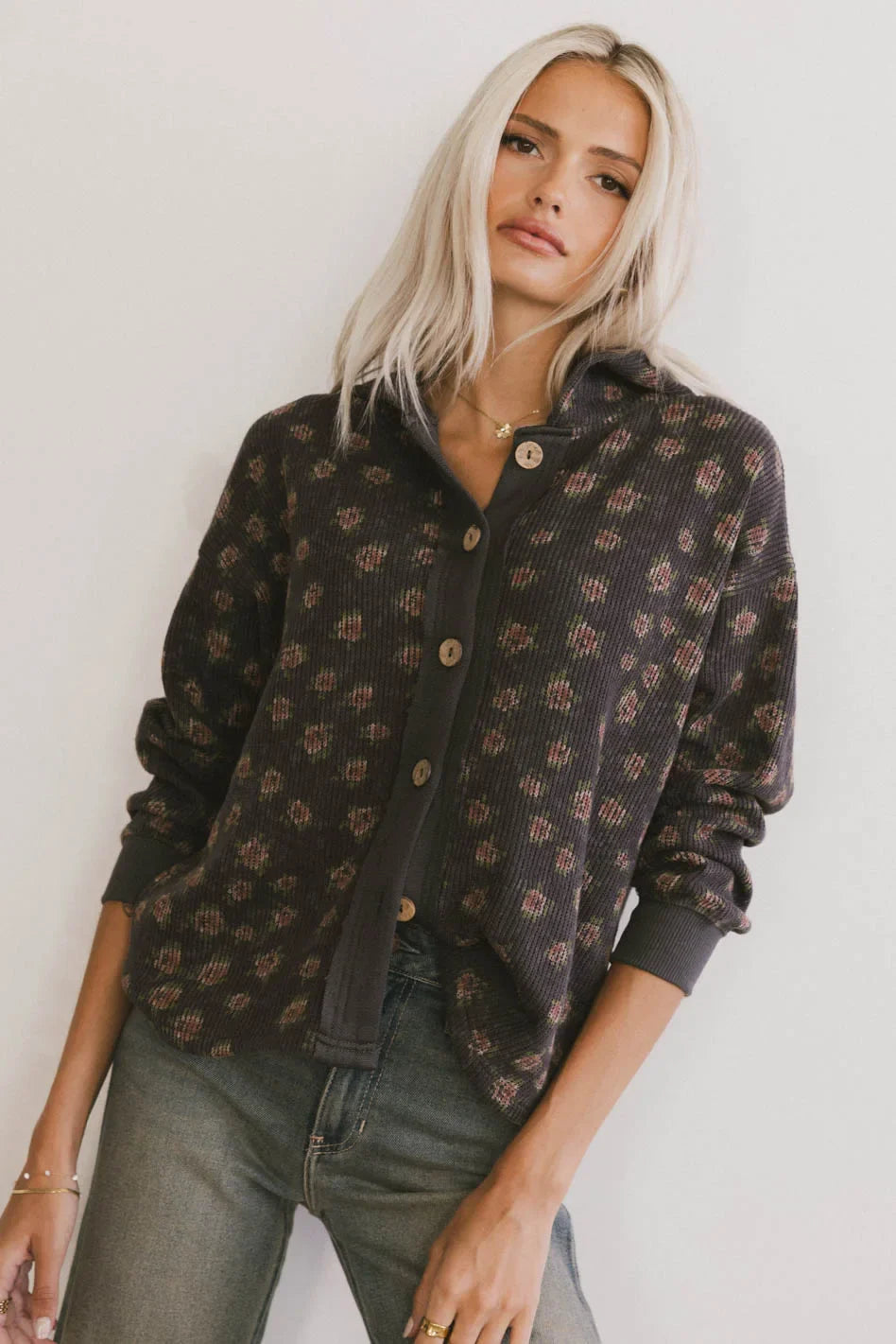 Button up hoodie top in black