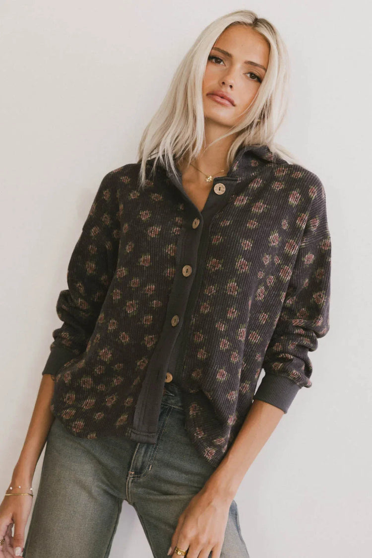Button up hoodie top in black
