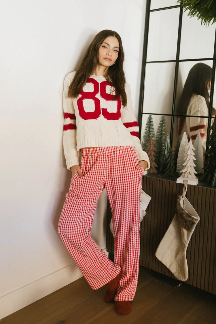 small white and red checked pants