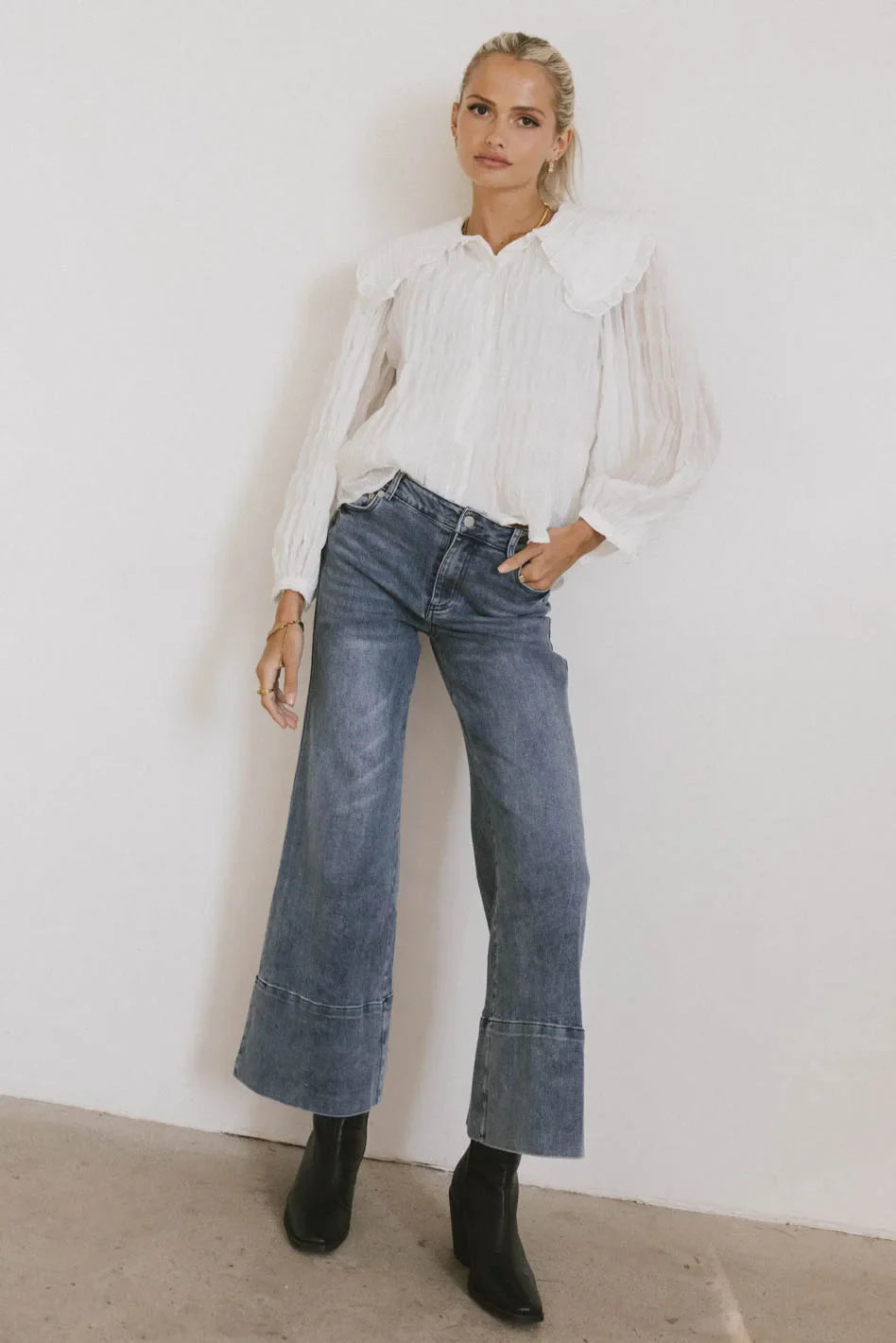 Wide leg denim in medium wash