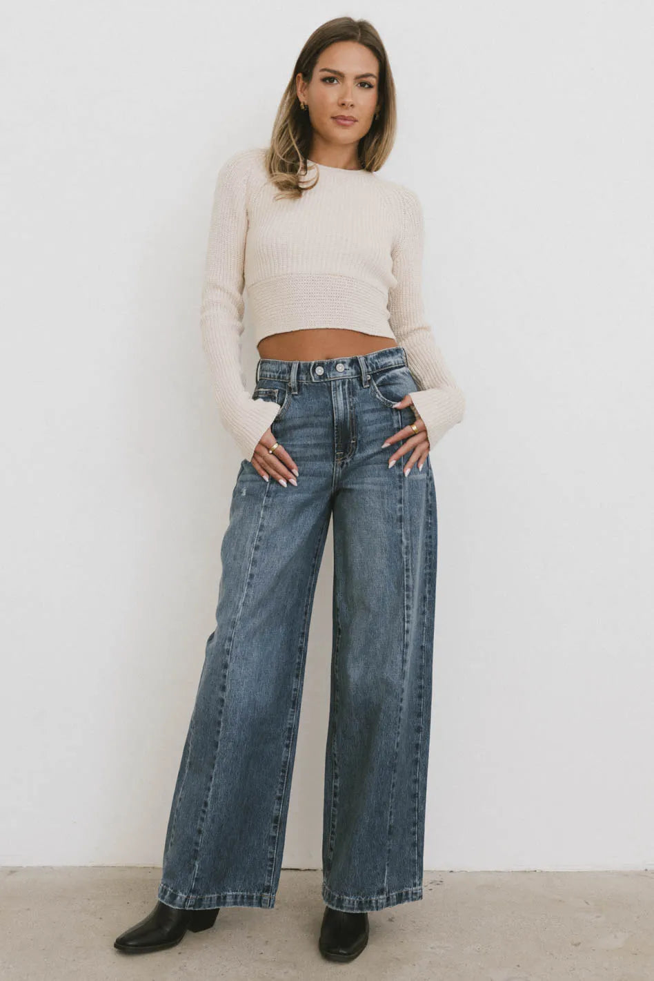 Wide leg denim in medium wash