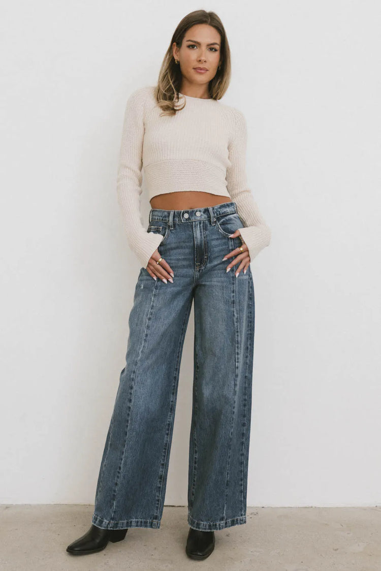 Wide leg denim in medium wash