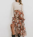 beige ribbed sweater with floral print skirt