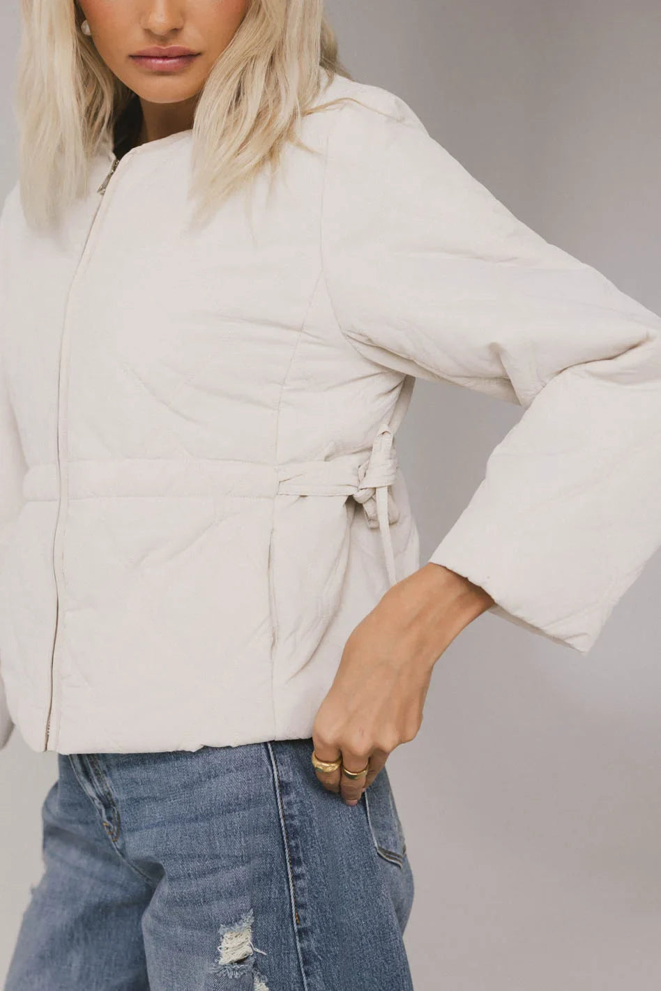 Adjustable waist tie jacket in cream