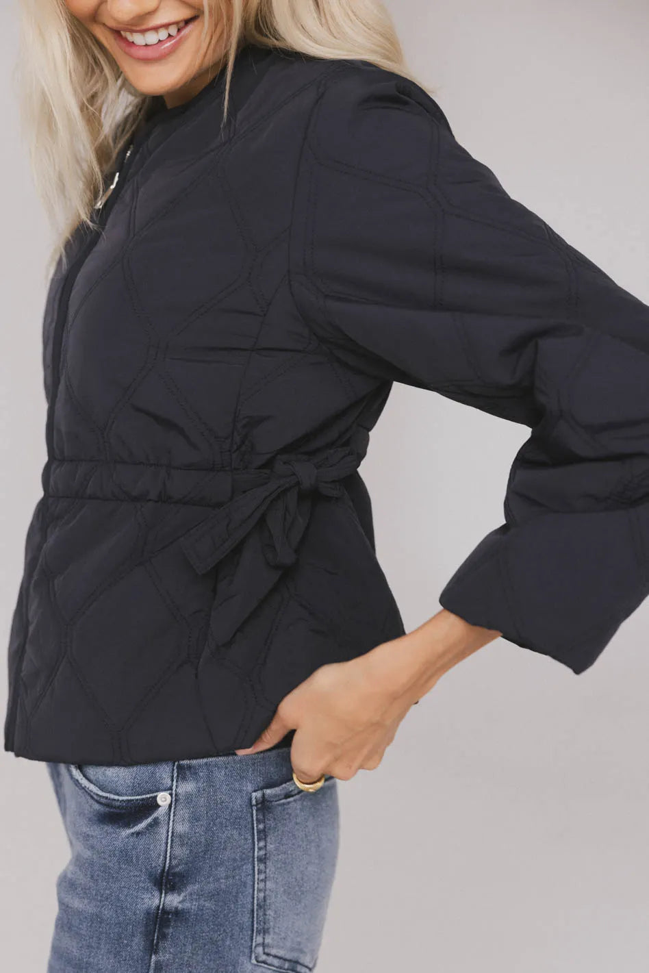 Adjustable waist tie jacket in navy