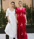 Embroidered detailed velvet red dress