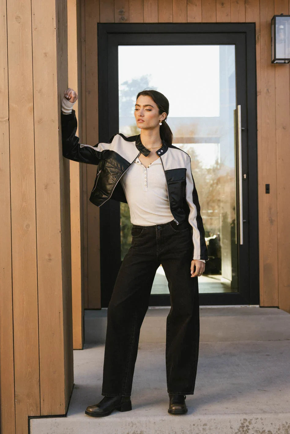 Colorblock leather jacket in black