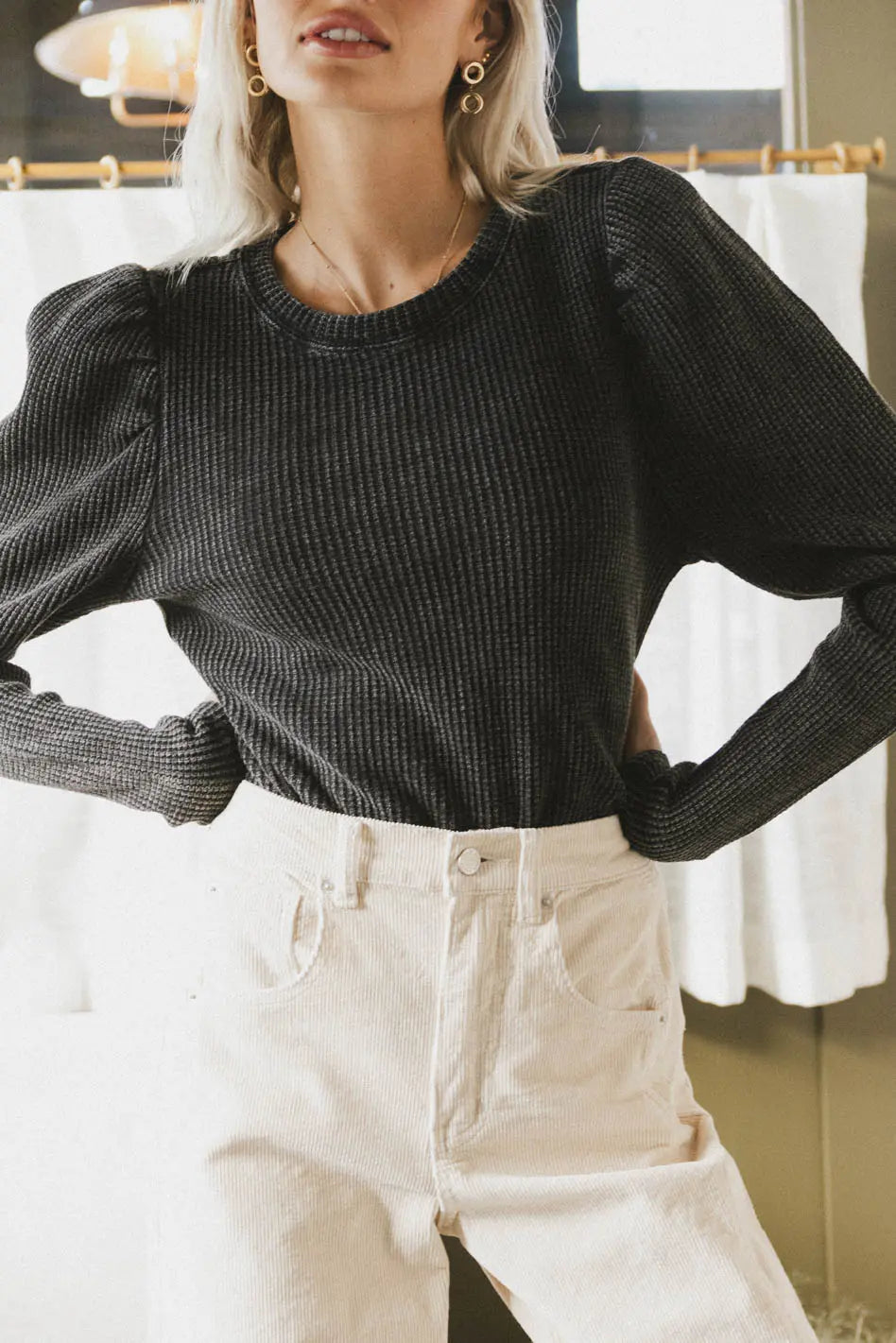 Kelcey Waffle Knit Top in Black - FINAL SALE