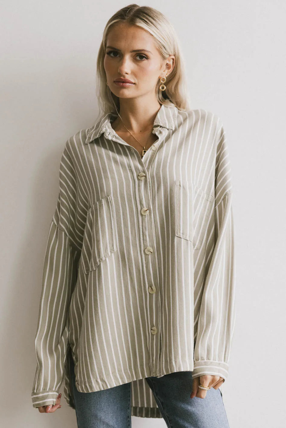 Striped button up top in green