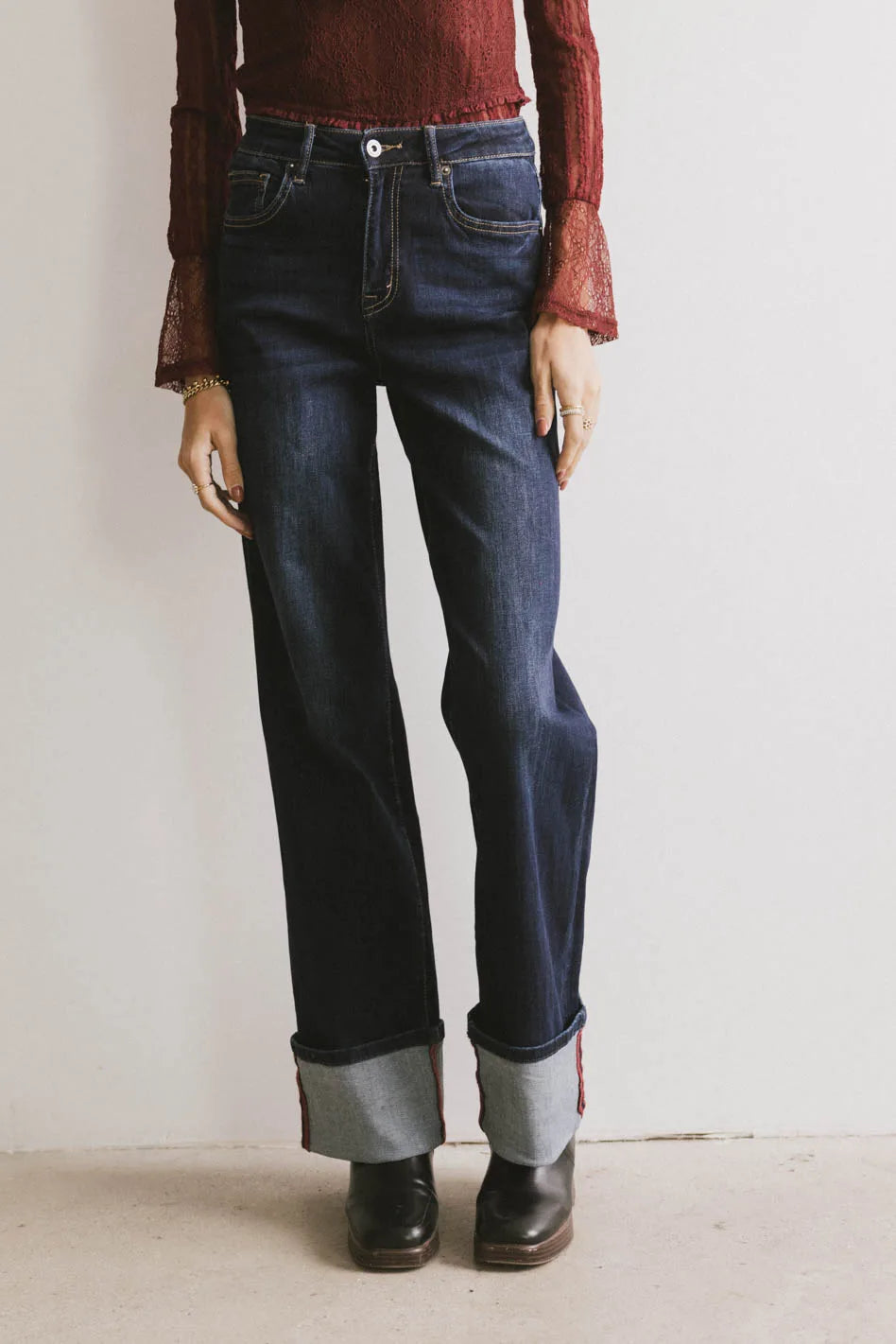 High rise denim in dark wash