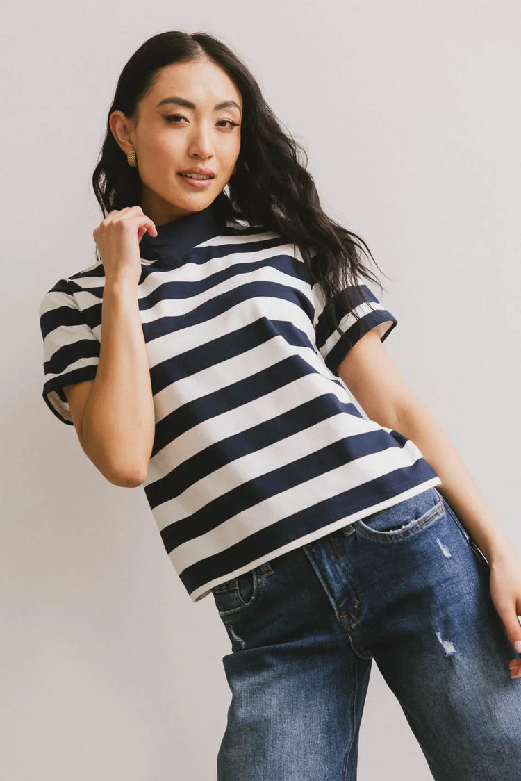 Mock neck style striped top in navy
