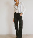 white contrast collared top with black denim