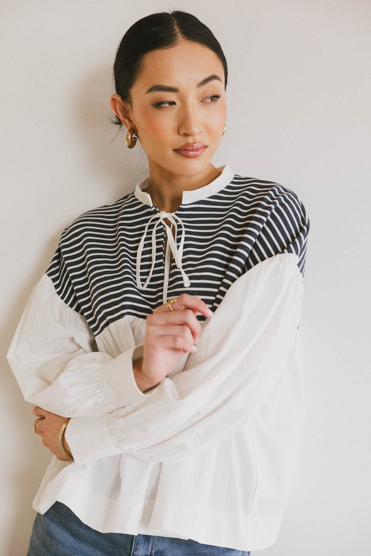 striped woven blouse with front tie