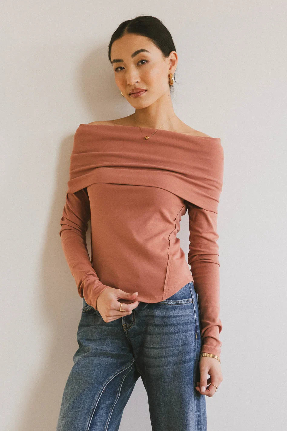 Off shoulder top in terracotta