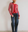 red striped cardigan with dark wash denim