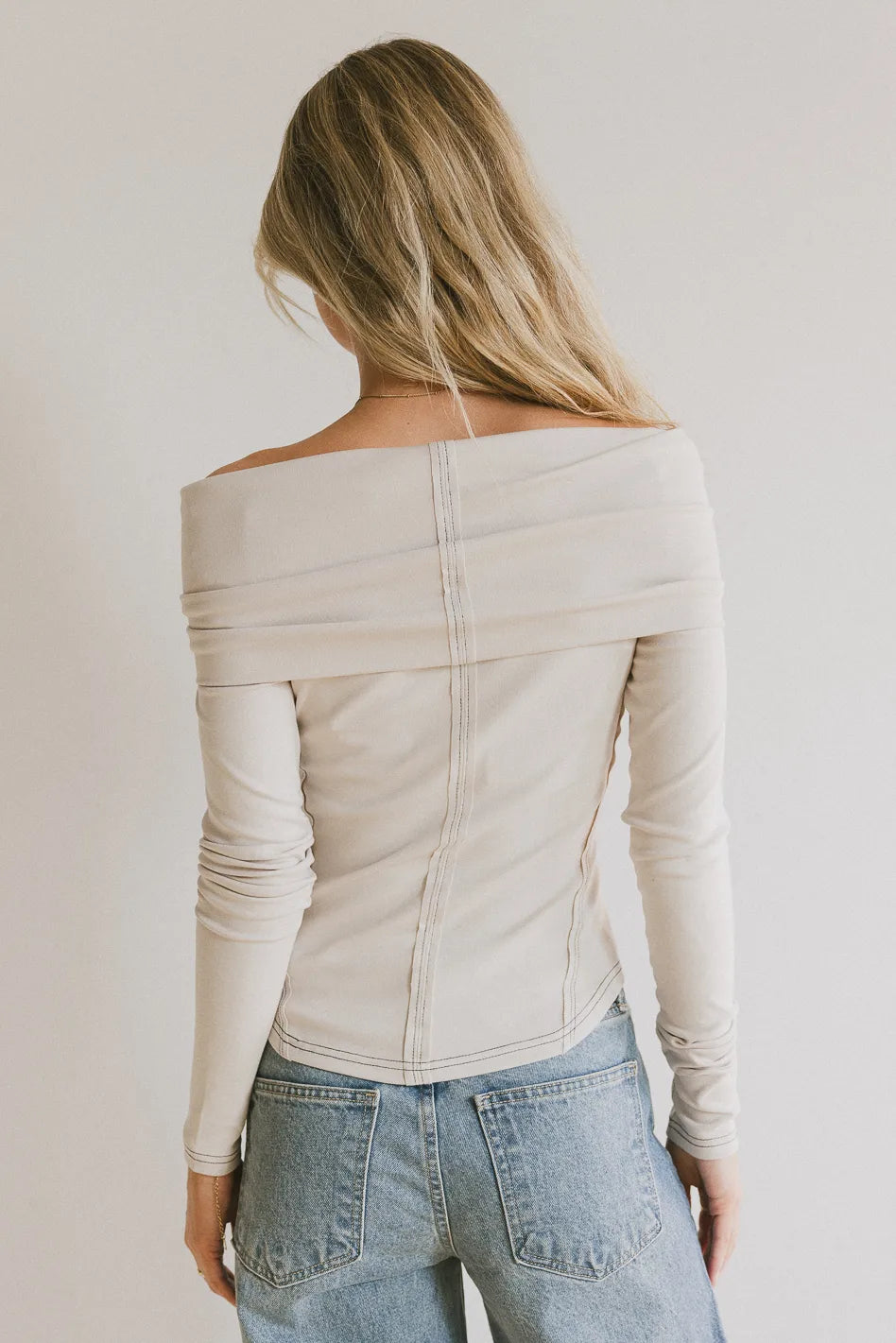 Plain color off shoulder top in sand